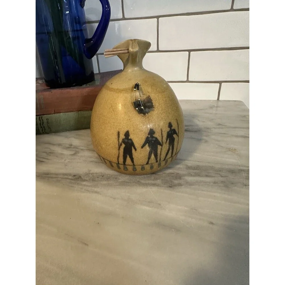 Michael Schlyer Flat Earth Studio Pottery 3 Warriors Vase Vintage Cabincore